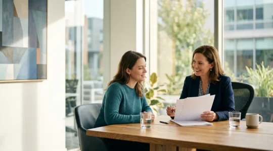 Médiateur professionnel examinant un dossier avec un client dans un bureau lumineux