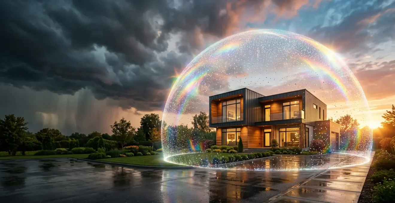 Maison moderne protégée par un bouclier invisible symbolisant l'assurance habitation complète contre les dégâts des eaux