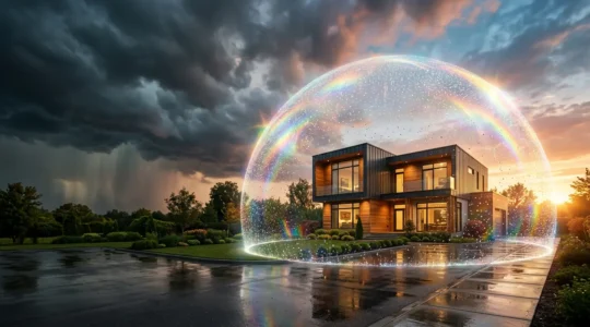 Maison moderne protégée par un bouclier invisible symbolisant l'assurance habitation complète contre les dégâts des eaux