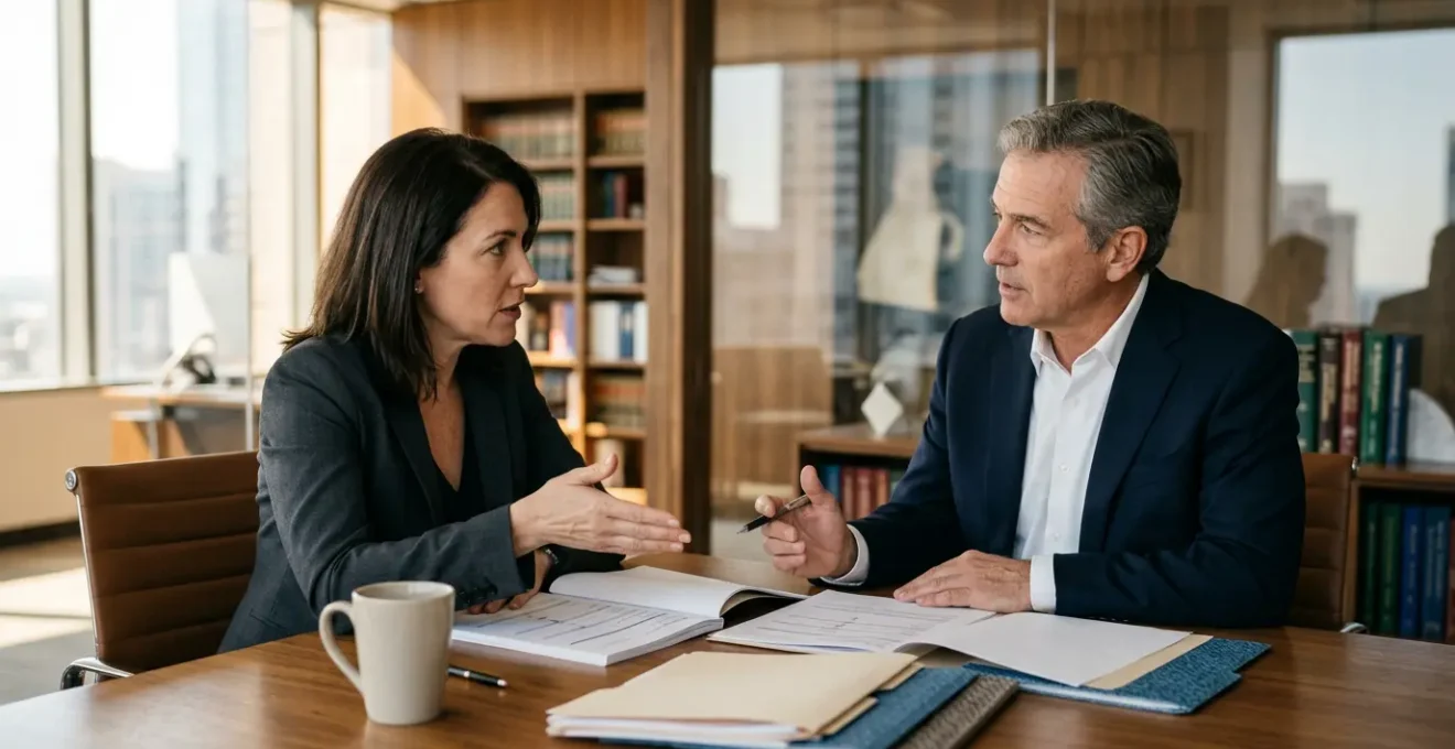 Négociation entre un salarié et un avocat dans un bureau moderne, documents contractuels sur la table