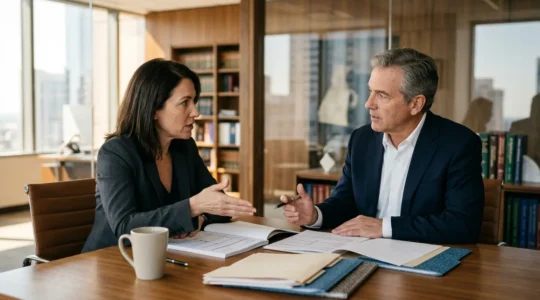 Négociation entre un salarié et un avocat dans un bureau moderne, documents contractuels sur la table