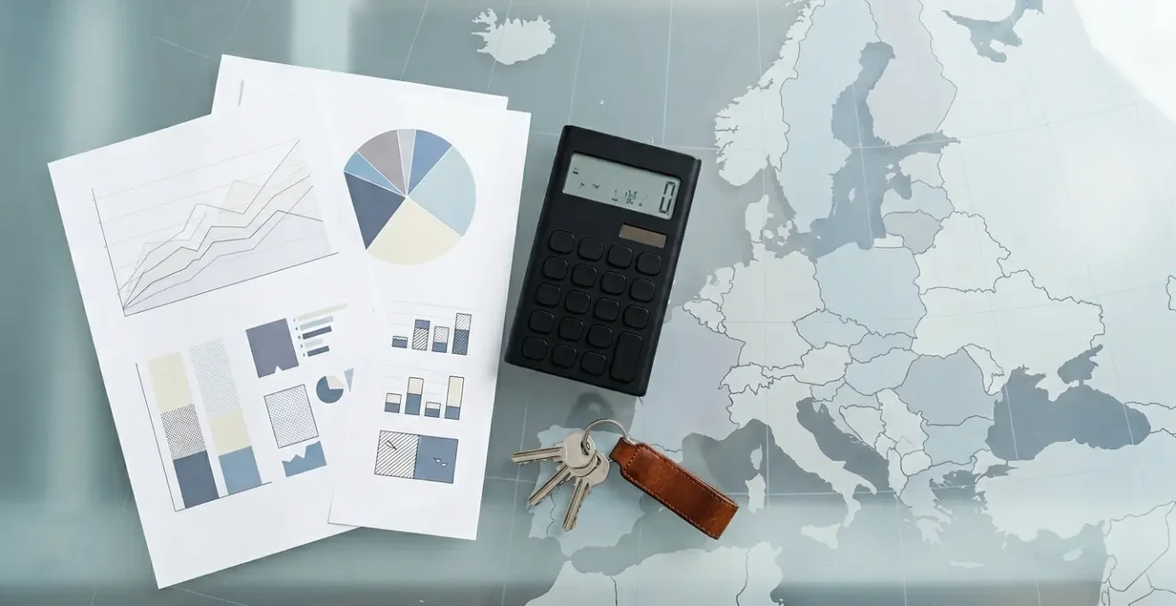 Vue plongeante d'un bureau moderne avec documents fiscaux, calculatrice et clés sur une carte de l'Europe