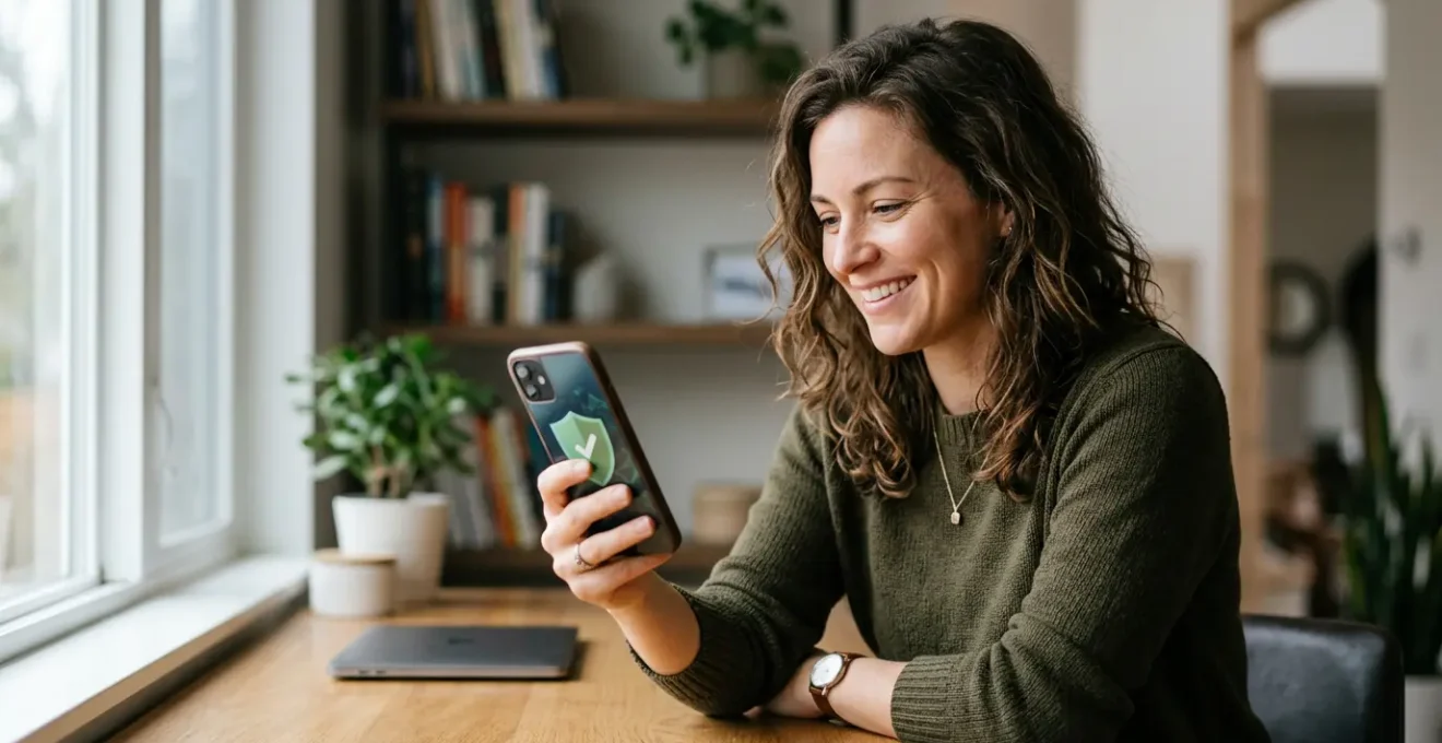 Personne consultant une notification de sécurité bancaire sur smartphone dans un environnement sécurisé