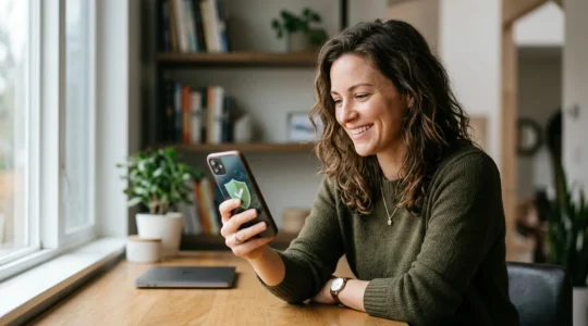 Personne consultant une notification de sécurité bancaire sur smartphone dans un environnement sécurisé