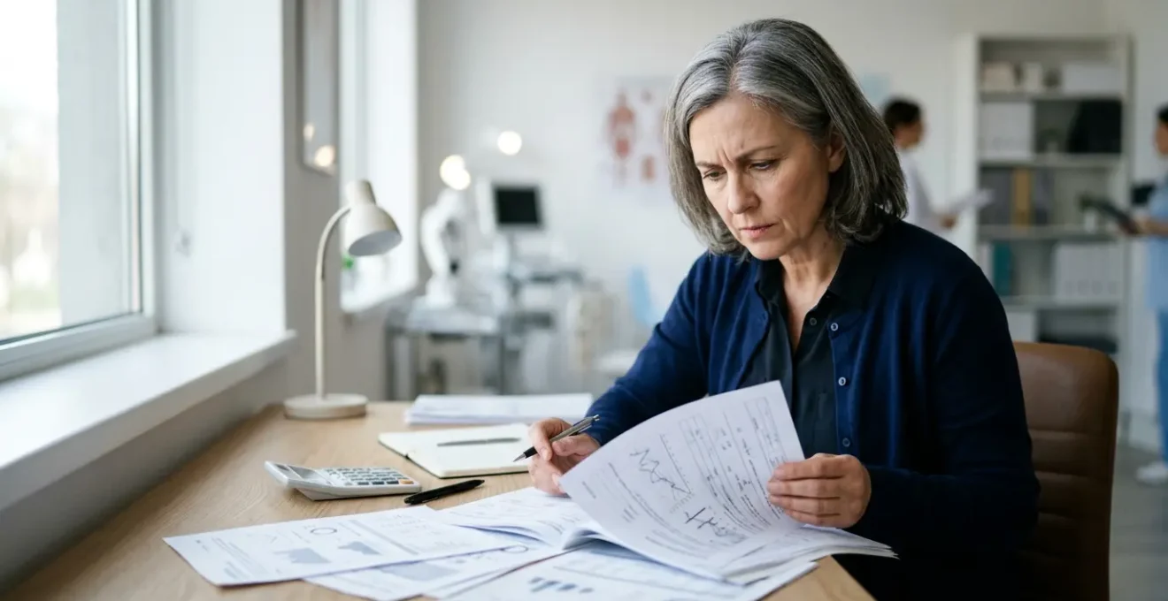 Patient analysant attentivement un document de devis médical dans un bureau lumineux de clinique