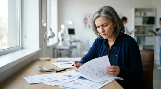 Patient analysant attentivement un document de devis médical dans un bureau lumineux de clinique