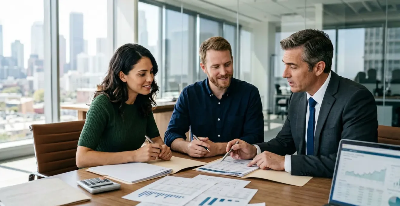 Couple étudiant des documents financiers avec conseiller bancaire dans un bureau moderne