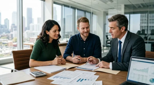 Couple étudiant des documents financiers avec conseiller bancaire dans un bureau moderne