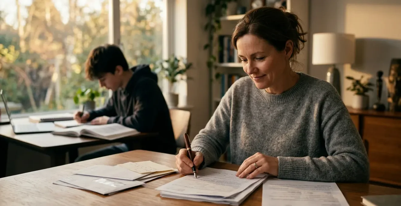 Parents consultant des documents financiers avec enfant étudiant en arrière-plan