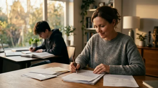 Parents consultant des documents financiers avec enfant étudiant en arrière-plan