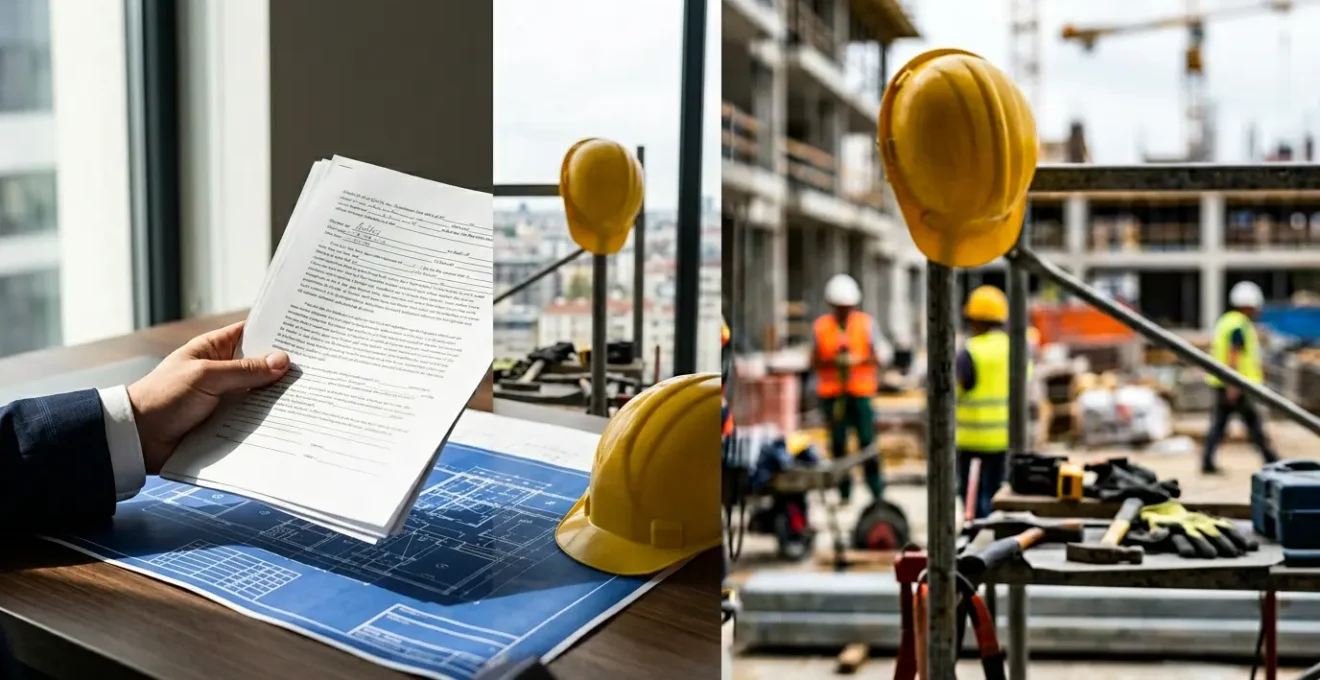 Professionnel du droit examinant des documents de construction avec un artisan en arrière-plan flou