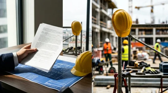 Professionnel du droit examinant des documents de construction avec un artisan en arrière-plan flou
