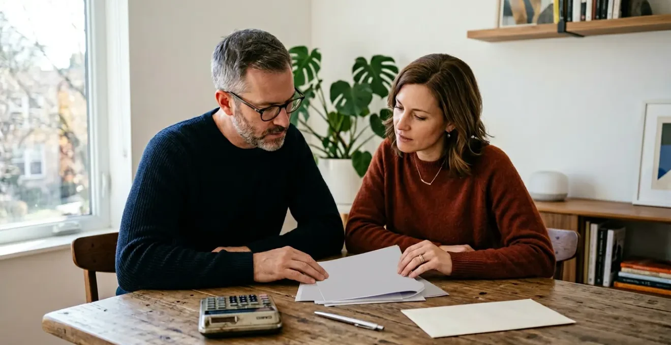 Couple analysant des documents patrimoniaux sur une table moderne avec calculatrice et contrats d'assurance