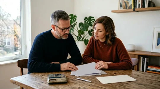 Couple analysant des documents patrimoniaux sur une table moderne avec calculatrice et contrats d'assurance