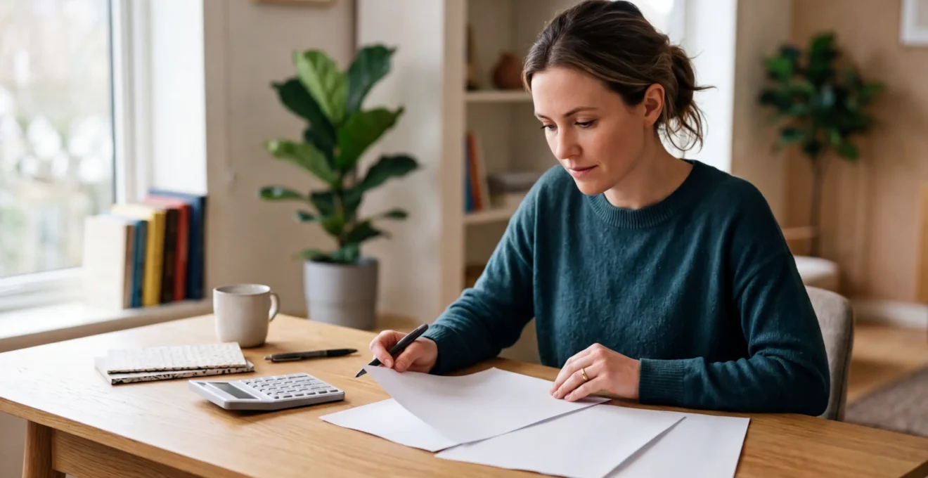 Personne analysant ses relevés bancaires avec calculatrice et documents financiers sur bureau lumineux