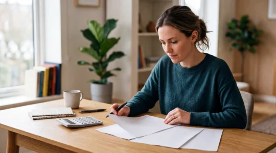 Personne analysant ses relevés bancaires avec calculatrice et documents financiers sur bureau lumineux