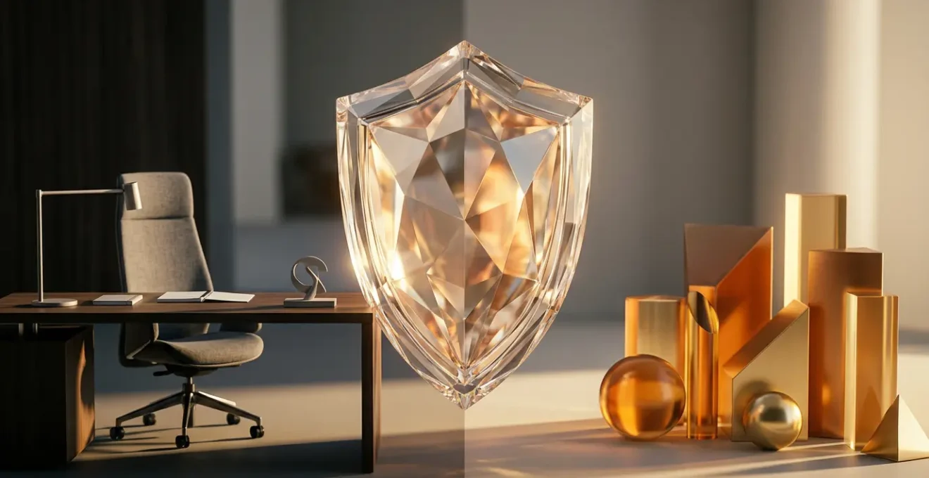 Illustration conceptuelle montrant un bouclier protecteur symbolisant la RC Pro entre un professionnel et les risques juridiques