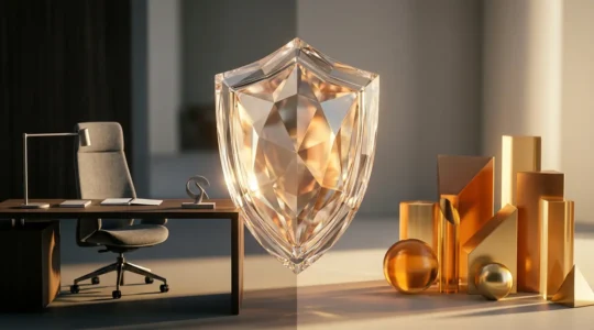 Illustration conceptuelle montrant un bouclier protecteur symbolisant la RC Pro entre un professionnel et les risques juridiques