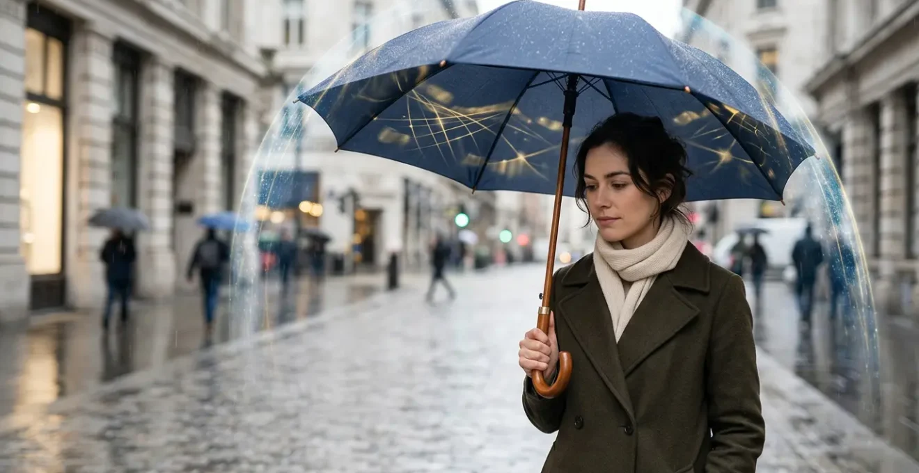 Portrait d'une personne tenant un parapluie protecteur symbolisant l'assurance responsabilité civile