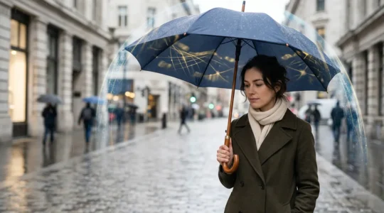 Portrait d'une personne tenant un parapluie protecteur symbolisant l'assurance responsabilité civile