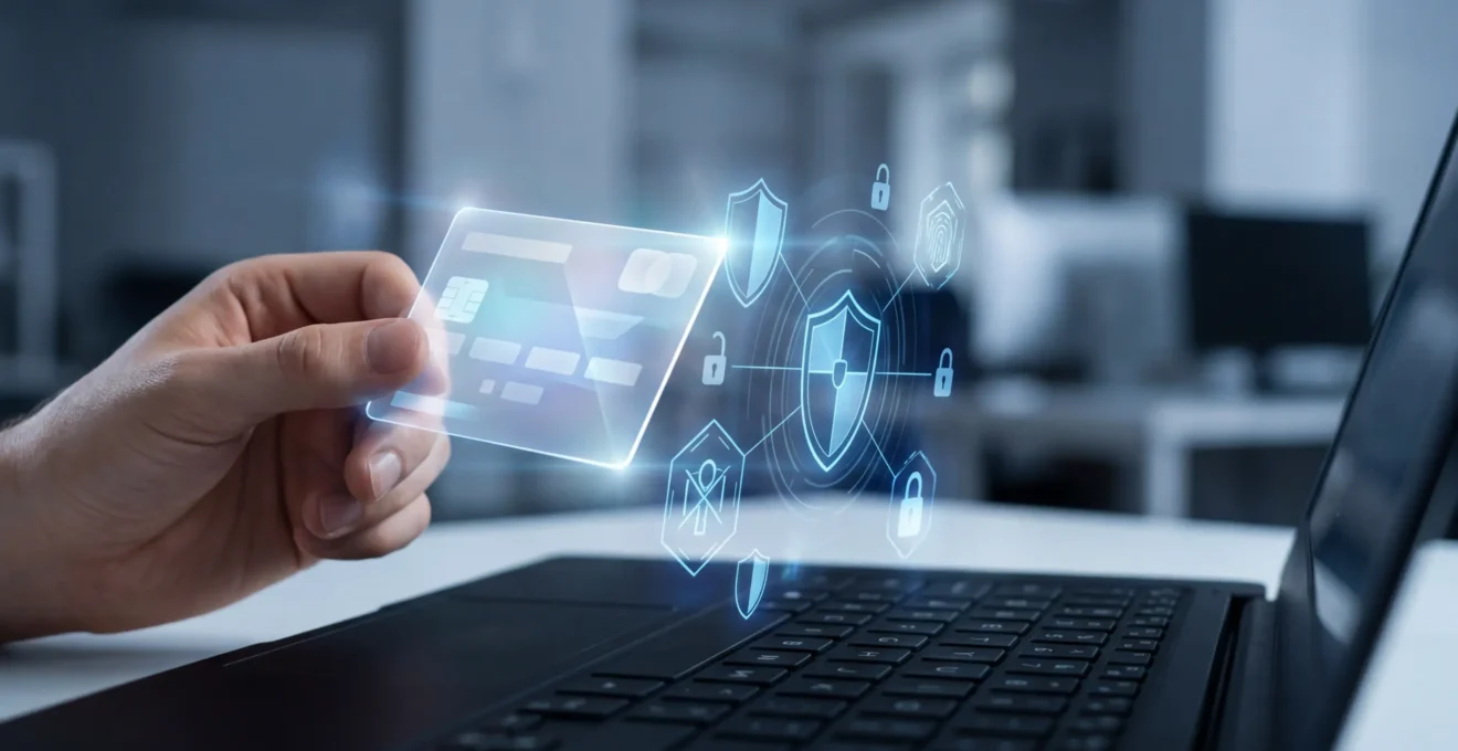 Main tenant une carte de paiement virtuelle holographique au-dessus d'un ordinateur portable avec des éléments de sécurité numériques flottants