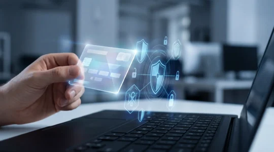 Main tenant une carte de paiement virtuelle holographique au-dessus d'un ordinateur portable avec des éléments de sécurité numériques flottants