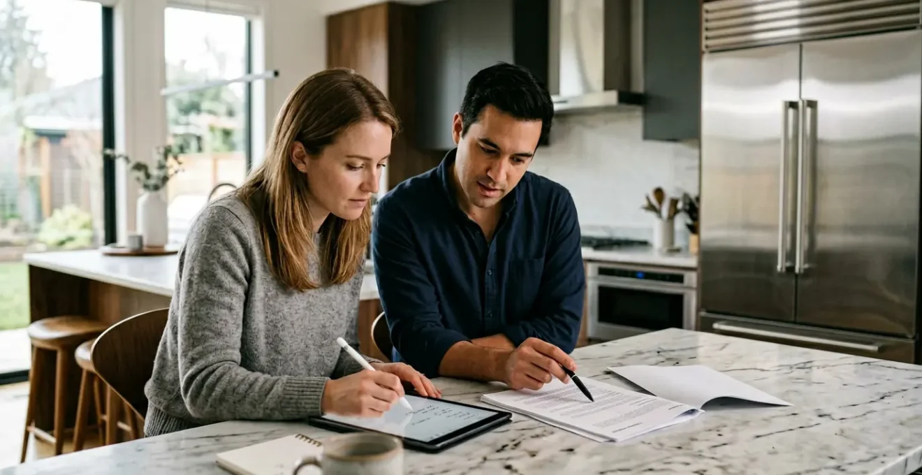 Famille examinant des documents d'assurance dans une cuisine moderne avec électroménager haut de gamme