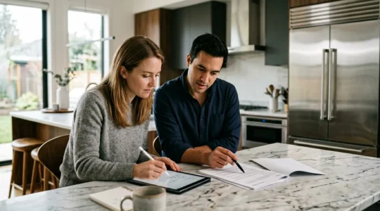 Famille examinant des documents d'assurance dans une cuisine moderne avec électroménager haut de gamme