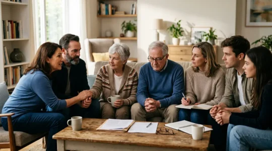 Famille multigénérationnelle réunie autour de documents financiers dans un salon lumineux