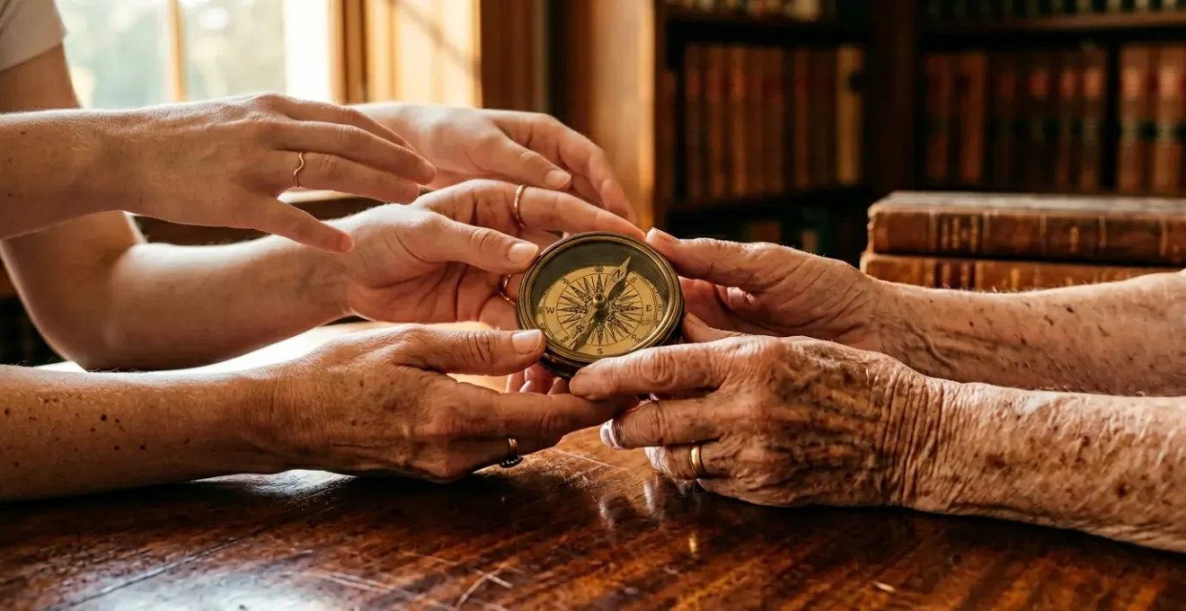 Transmission d'un patrimoine familial multigénérationnel représenté par des mains de trois générations