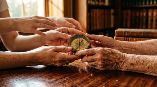 Transmission d'un patrimoine familial multigénérationnel représenté par des mains de trois générations