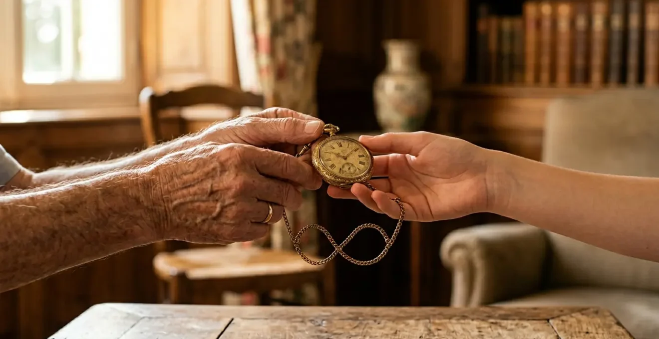 Transmission de patrimoine entre générations illustrée par des mains qui transmettent symboliquement un bien familial