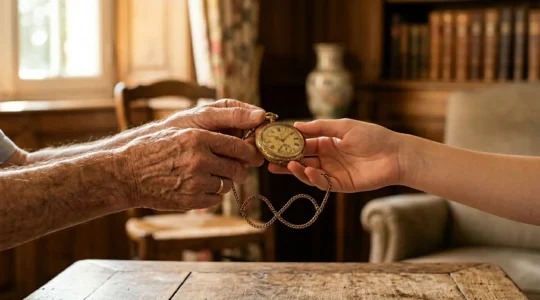 Transmission de patrimoine entre générations illustrée par des mains qui transmettent symboliquement un bien familial