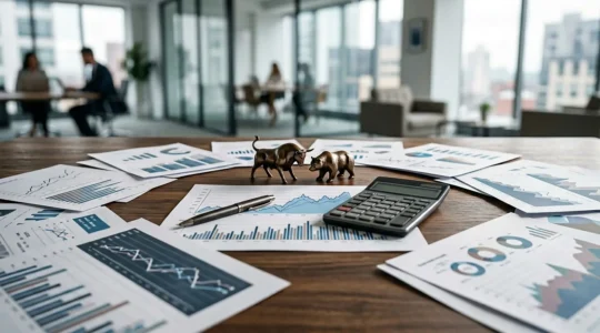 Investisseur analysant des graphiques de performance d'unités de compte dans un bureau moderne