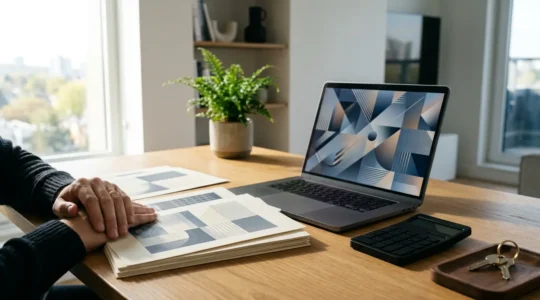 Personne consultant des documents bancaires et immobiliers avec un ordinateur portable affichant un espace bancaire en ligne