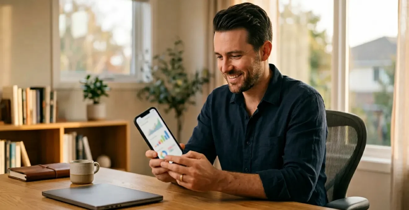 Personne consultant son application bancaire mobile dans un environnement moderne avec graphiques d'épargne en croissance