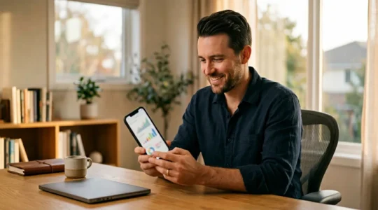 Personne consultant son application bancaire mobile dans un environnement moderne avec graphiques d'épargne en croissance