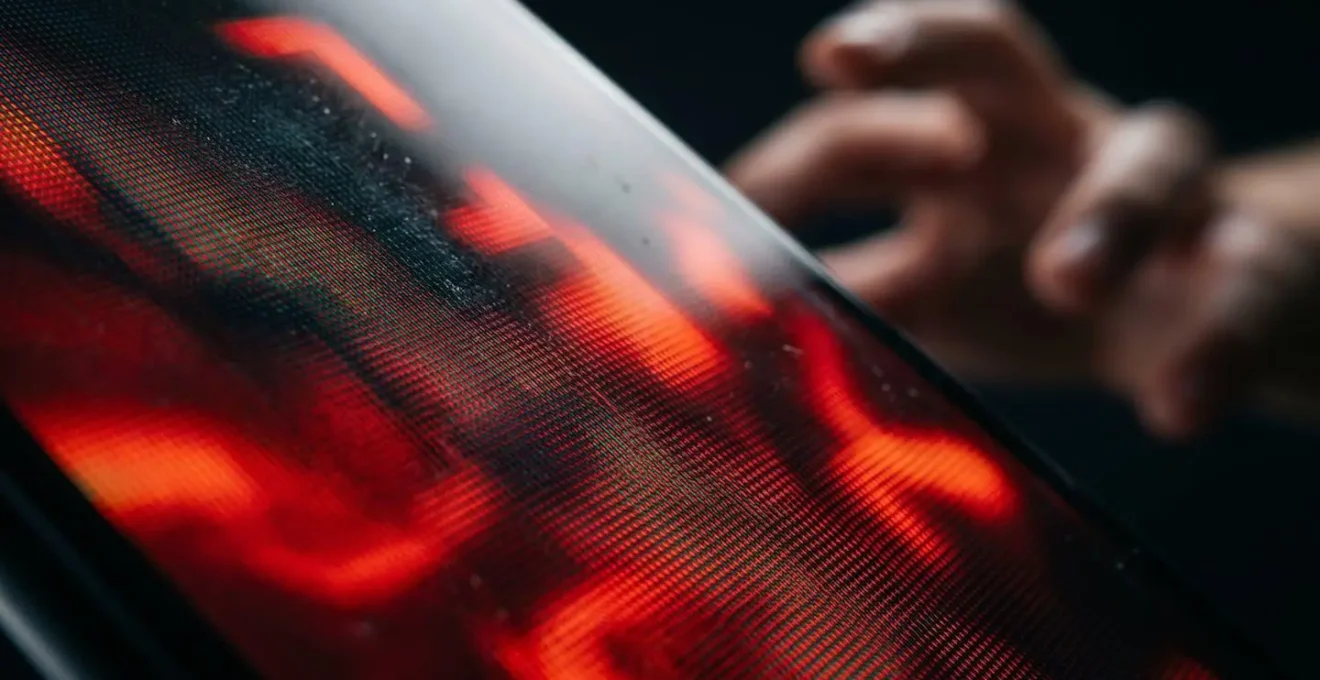 Gros plan macro sur un écran de smartphone montrant des formes abstraites rouges d'alerte avec une main floue en arrière-plan