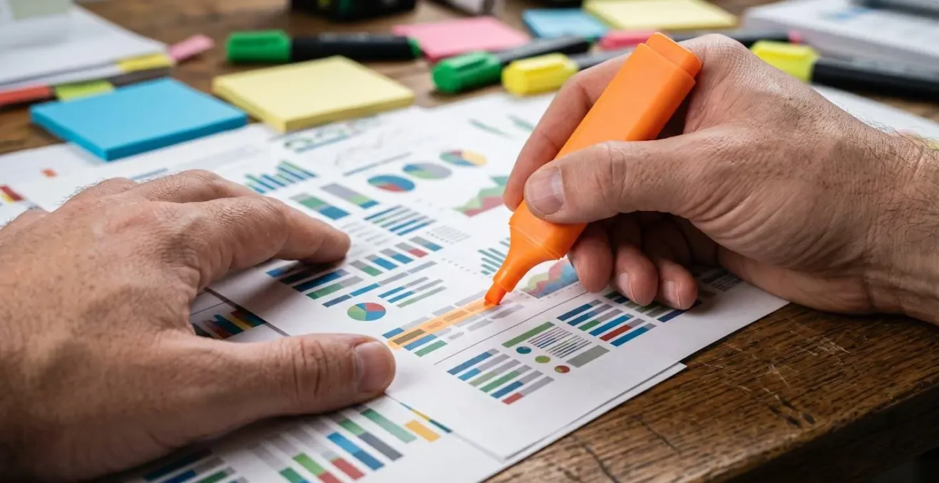 Gros plan sur mains analysant des documents financiers avec marqueurs colorés