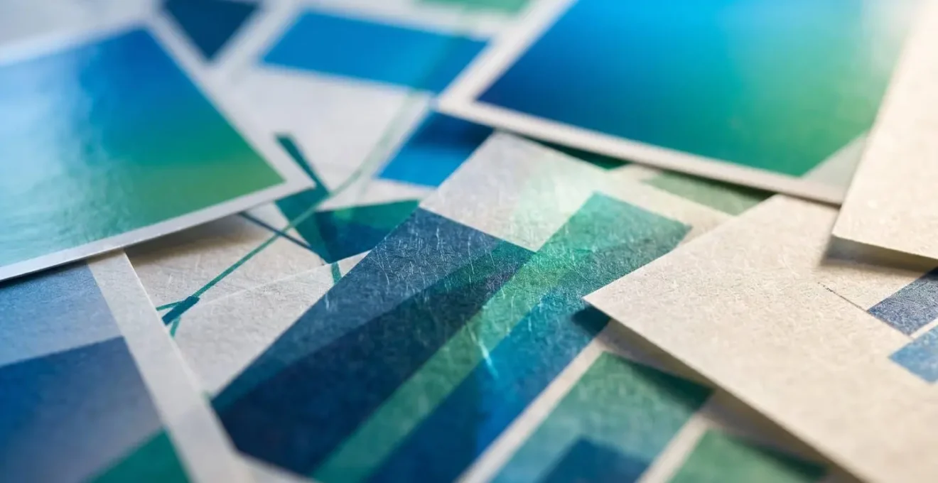 Vue macro de documents d'analyse de performance avec graphiques abstraits et textures