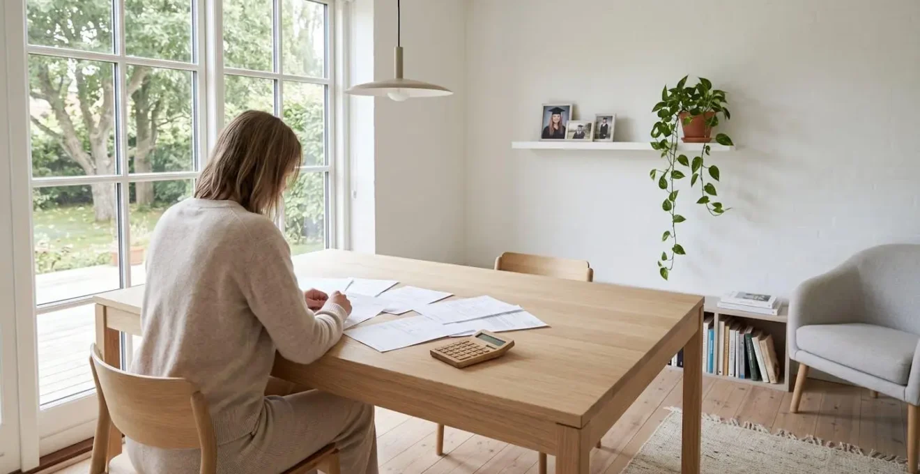 Parent avec calculatrice et documents financiers analysant les coûts d'éducation
