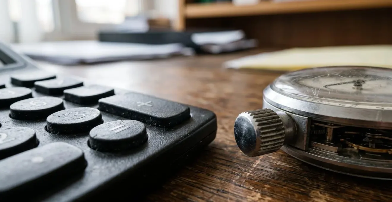 Calculatrice et chronomètre sur un bureau avec documents de suivi