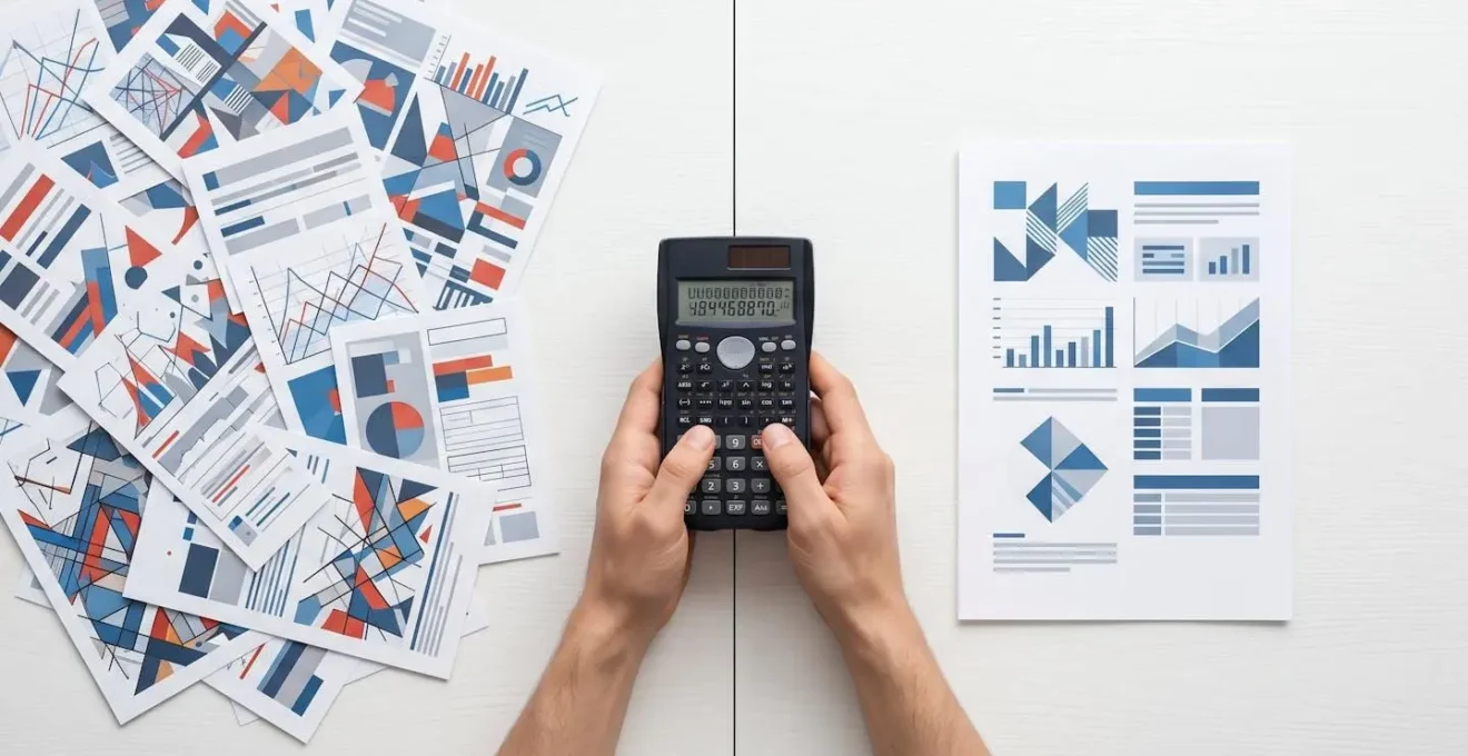 Personne comparant des documents de crédits avec une calculatrice sur un bureau moderne