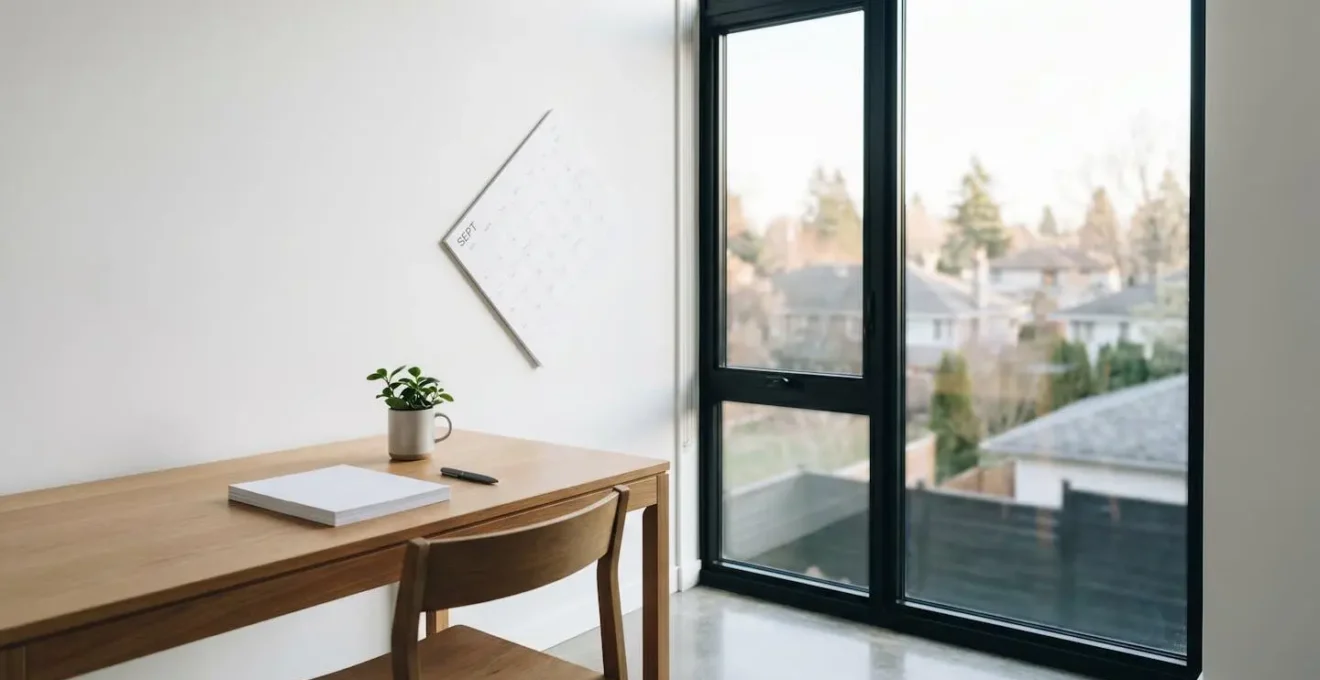 Environnement de bureau minimaliste avec calendrier mural et documents financiers