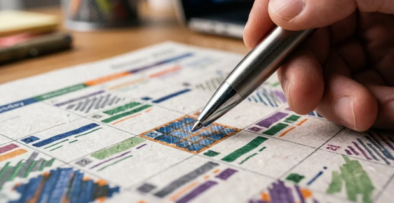 Vue rapprochée d'un calendrier avec des marques colorées et une main tenant un stylo