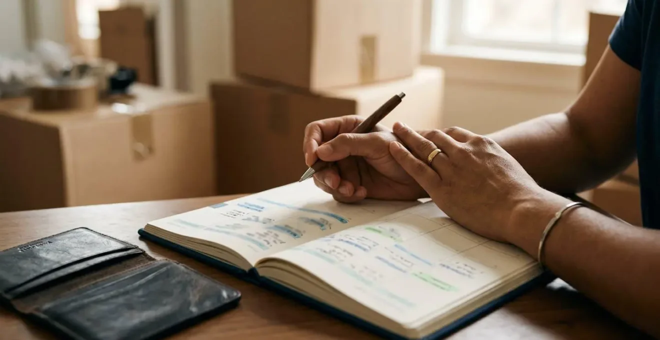 Calendrier ouvert avec annotations manuscrites floues et passeport sur bureau