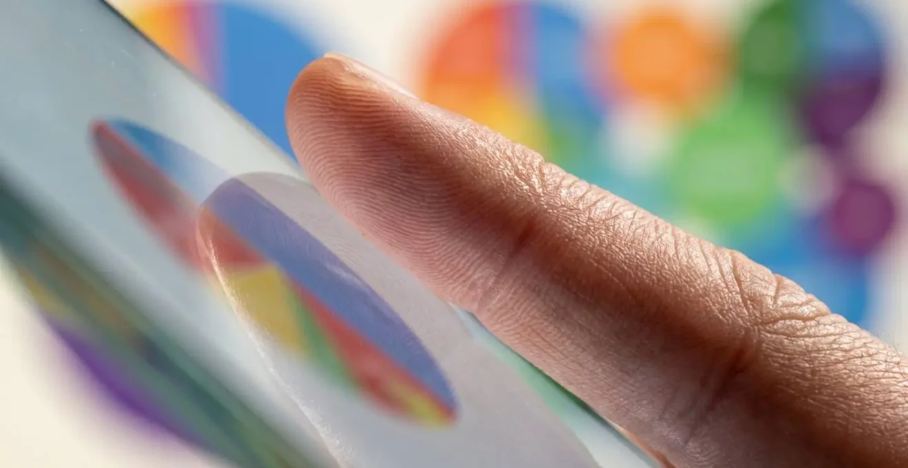Vue macro de doigts effleurant un écran avec des graphiques colorés et des catégories visuelles en arrière-plan