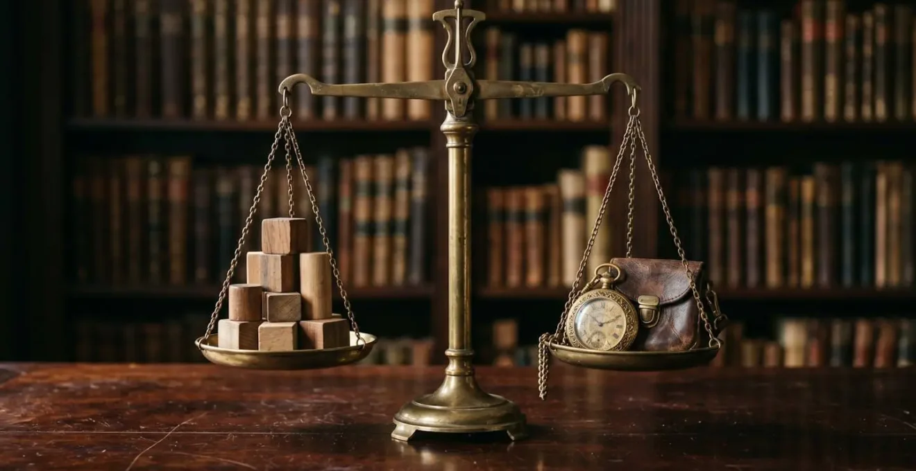 Balance équilibrée avec symboles d'assurance et de patrimoine de chaque côté