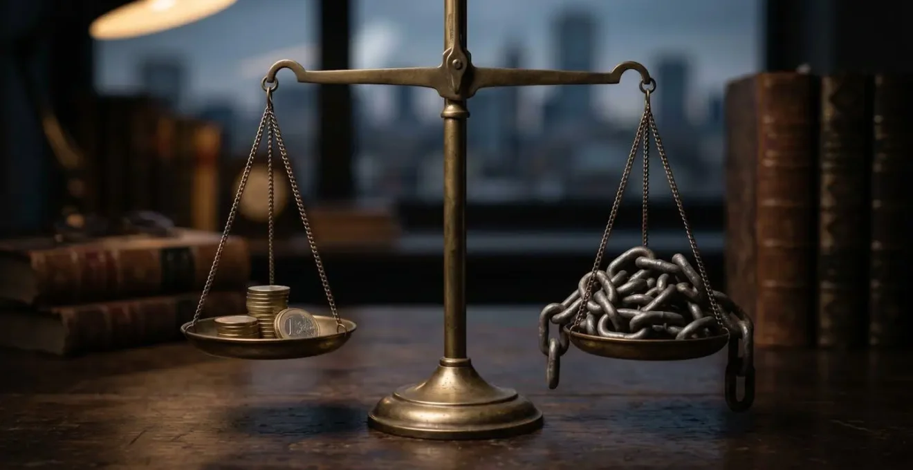 Balance symbolique comparant les coûts financiers du report d'échéances versus défaut de paiement