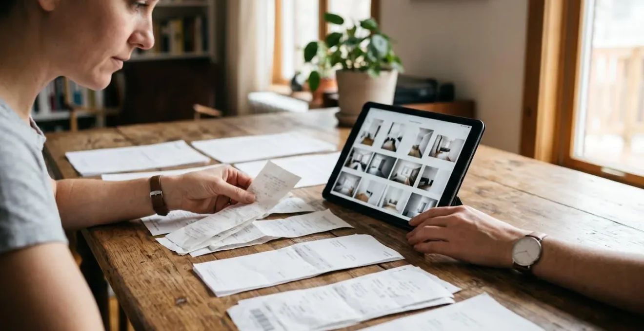 Personne organisant méthodiquement un inventaire numérique avec photos et factures sur tablette